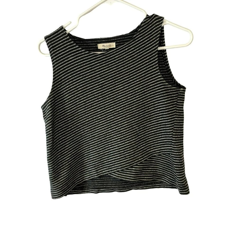 Madewell Sleeveless Top Cropped Cotton Knit Overlap Front in Black/Gray Size XS